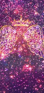 Purple galaxy wallpaper with angel wings and crown.