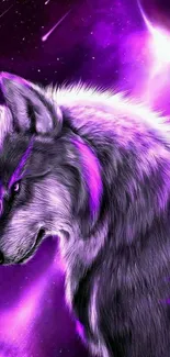 Majestic wolf in purple galaxy with stars.