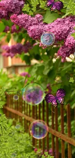 Purple flowers and butterflies with a rustic garden fence.