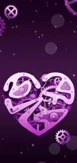 Purple heart-shaped gears on a violet background.