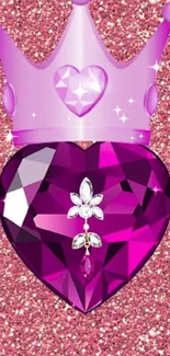 Purple gem heart with crown on glitter background.