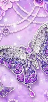 Purple butterfly with jewel accents on floral background wallpaper.