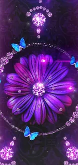 Purple flower with gems and butterflies wallpaper.