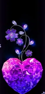 Elegant purple gem heart wallpaper with floral design on black background.