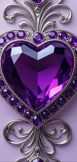 Purple gemstone heart with decorative ornate design.