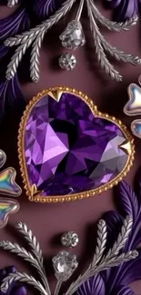 Purple gemstone heart with ornate floral design wallpaper.