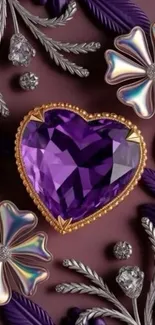 Purple gemstone heart with metallic flowers and silver foliage.