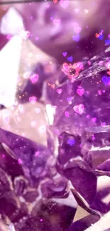 Purple gemstones with pink hearts sparkling in stylish mobile wallpaper.