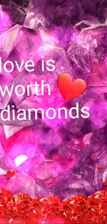 Purple gemstone mobile wallpaper with love message and heart.