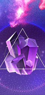 Purple geometric crystal design with cosmic elements for mobile wallpaper.