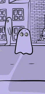 Cartoon ghosts in a purple urban setting with buildings.