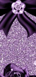 Purple glitter wallpaper with black ribbon and floral accents.