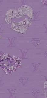 Purple wallpaper with glittering hearts and diamonds.