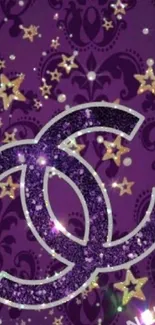 Luxurious purple wallpaper with glittery stars and elegant patterns.