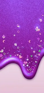 Vibrant purple glitter drip wallpaper with cosmic accents.