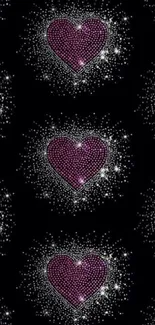 Purple glitter heart pattern on black background.