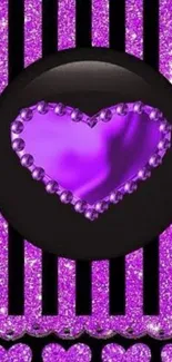 Purple glitter heart with black stripes background.