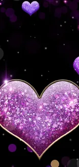 Purple heart glitter wallpaper with gold and sparkle accents.