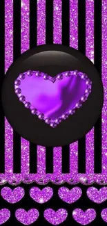 Purple glitter heart wallpaper with stripes.