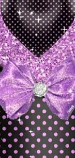 Purple glitter heart and bow wallpaper with polka dots.