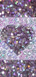 Purple glittery heart with gemstones on mobile wallpaper.