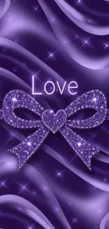 Purple glitter wallpaper with bow and heart design.