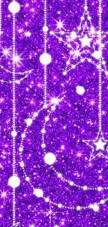 Purple glitter wallpaper with stars and moons, creating a celestial theme.