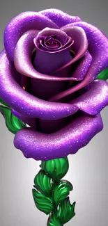 3D purple glitter rose with green leaves on gray background.