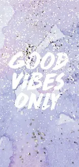 Purple glitter wallpaper with 'Good Vibes Only' text.