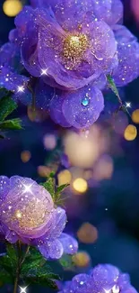 Shimmering purple flowers with glitter against bokeh lights background.