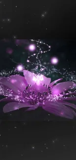 Purple flower with glowing sparkles in a dark background.