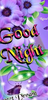 Purple Good Night wallpaper with flowers and butterflies.