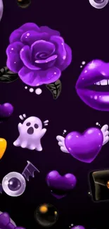 Purple gothic mobile wallpaper with skulls, roses, hearts, and lips.