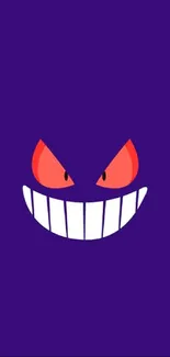 Purple wallpaper with a grinning monster face and fiery red eyes.