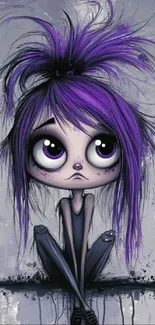 Purple-haired cartoon character with expressive eyes and unique style.