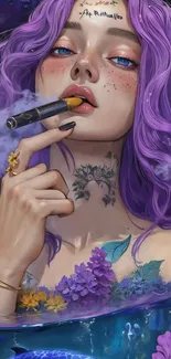 Artistic portrait of woman with purple hair and tattoo.
