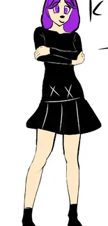 Anime character with purple hair in black dress standing confidently.