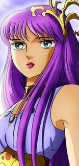 Anime princess with purple hair and crown against a soft sky backdrop.