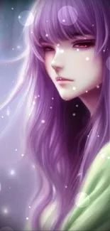 Anime character with long purple hair, serene background.