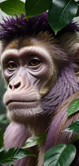 Purple-haired primate surrounded by lush green leaves in a vivid wallpaper.