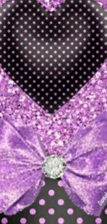 Purple glitter heart wallpaper with bow and polka dots.