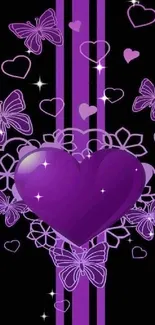 Purple heart with butterflies on black wallpaper background.