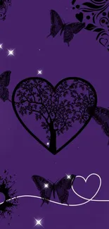 Purple wallpaper with heart and butterflies design.