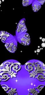 Purple butterflies and ornate heart on black background wallpaper.