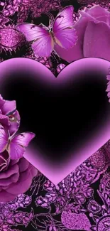 Purple heart with butterflies and flowers in elegant design.