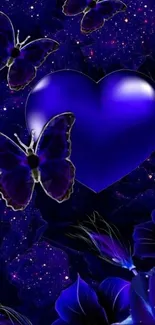 Purple heart with butterflies and flowers in cosmic background.