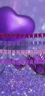 Purple heart and butterfly with glittery background wallpaper.