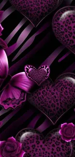 Purple heart and butterfly design wallpaper with floral patterns.