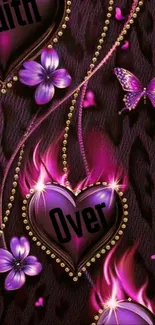 Purple heart and butterfly mobile wallpaper with floral and gold accents.