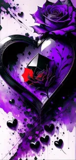 Artistic purple heart and rose wallpaper with gothic details.